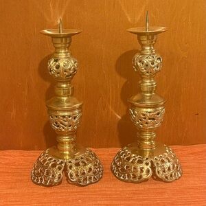 Pair of Vintage Brass Ornate Filigree Pillar  Candle Holders 10”